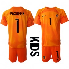 Nederländerna Remko Pasveer #1 Målvakt Bortaställ Barn VM 2022 Korta ärmar (+ Korta byxor)